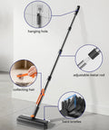 Grime Busting 3 In 1 Floor Scrub Brush with adjustable long handle, stiff bristles, squeegee, and tweezers for scrubbing.
