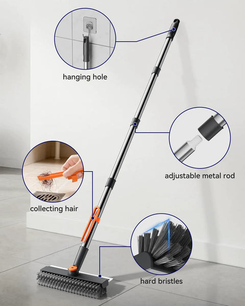 Grime Busting 3 In 1 Floor Scrub Brush with adjustable long handle, stiff bristles, squeegee, and tweezers for scrubbing.