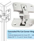 Adjustable Pie Cut Corner Hinge Replacing Grass 975 And Hafele Mepla Ssp Series Nickel Plated hinge with a sleek, modern design.