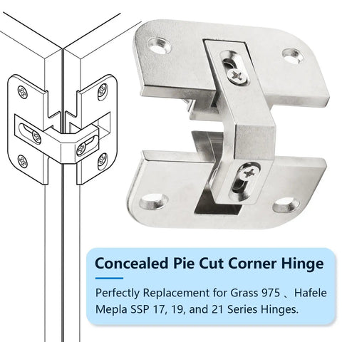 Adjustable Pie Cut Corner Hinge Replacing Grass 975 And Hafele Mepla Ssp Series Nickel Plated hinge with a sleek, modern design.