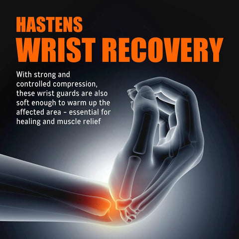 Forearm And Wrist Brace For Carpal Tunnel Relief And Workout Recovery with glowing diagram of wrist pressure points.