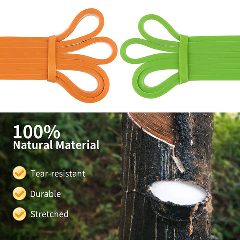 Close-up of orange and green pull up bands from Five Pack Pull Up Bands Set Heavy Duty Resistance Bands For Men And Women CrossFit Fitness Mobility Training Ideal For Home Gym Workouts Set Of 5 Ranging From 15 To 125 Lb with natural material text.