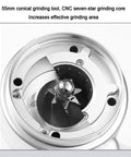 Interior view of 55mm conical burr in Pro Level Electric Conical Burr Coffee Grinder For espresso and drip grinding.