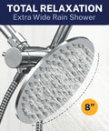 Solid Metal Dual Shower Head Combo Chrome 8 Inch Rainfall High Flow With Handheld Shower Head 6 Ft Hose High Pressure System