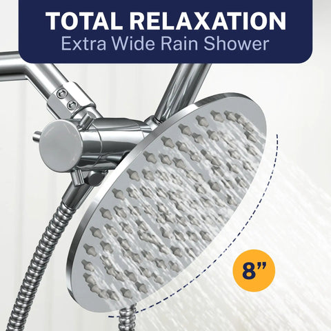 Solid Metal Dual Shower Head Combo Chrome 8 Inch Rainfall High Flow With Handheld Shower Head 6 Ft Hose High Pressure System