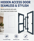 Slick Carbon Steel Hidden Drywall Access Panel With Push To Open Design For Seamless Wall And Ceiling Cover That Is Hassle Free And Gets The Job Done For Hvac Plumbing And Electrical Work In 16X24, opened showing concealed design in modern space.