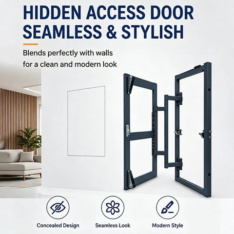 Slick Carbon Steel Hidden Drywall Access Panel With Push To Open Design For Seamless Wall And Ceiling Cover That Is Hassle Free And Gets The Job Done For Hvac Plumbing And Electrical Work In 16X24, opened showing concealed design in modern space.