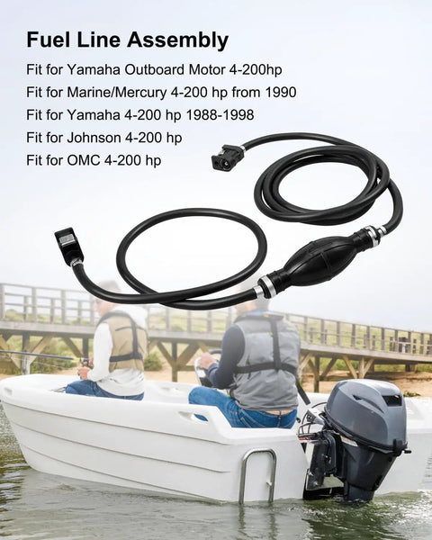 10Ft 5 Sixteenth Inch Outboard Fuel Line Kit With Primer Bulb And Tank Boat Ready Quick Female Connector Fits Yamaha Johnson Mercury Outboard 4 HP To 200 HP Includes NBR Lines And Fuel Filter on a boat