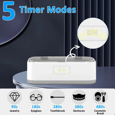 Deep Clean 49KHz Jewelry Cleaner Machine With 800ml Tank And 5 Timer Modes displayed on a table with 480s setting highlighted.