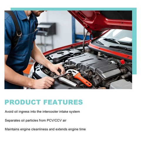 Mechanic working on car engine using Two Port Billet Aluminum Oil Catch Can Kit With Breather Filter And Drain Valve
