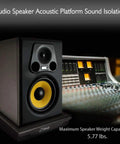 Speaker Isolation Pads For Studio Monitors Subwoofers And Loudspeakers showing foam riser with rubber base near audio mixer.
