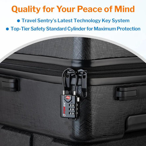 Durable Luggage Locks With Resettable Combination And Alloy Body For TSA Recognition on a suitcase with braided steel cable