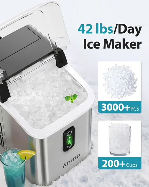 Nugget Ice Maker Countertop With 42 Lbs Per Day Output 24 Hour Ice Machine 1.5L Water Tank Rapid Ice, open lid showing ice cubes