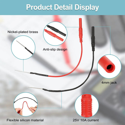 Flexible Spoon Back Probe Kit, Two Piece Silicone Back Probe Pins For 4mm Banana Plug Leads, detail view showing anti-slip design, flexible silicon material, and 25V 10A rating