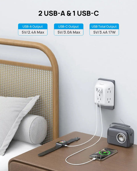 5 Outlet USB Wall Plug Extender With USB C Port And 1440J Surge Protector On Off Switch 3 Sided Wall Plug Adapter in bedroom