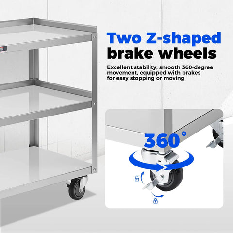 Heavy Duty Stainless Steel Utility Cart Three Tier With Wheels And Handle, NSF Commercial Mobile Rolling Cart featuring brake wheels