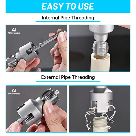 Hands holding alloy steel dual function PVC pipe threader kit for one half inch three quarter inch and one inch pipes internal and external threading tool alloy steel construction electric drill compatible for home plumbing repairs DIY ready, showing internal and external threading.