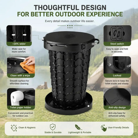 Rugged Yet Foldable Portable Toilet For Adults, Extra Wide Seat Trail Potty With Secure Bags And Grippy Handle, 18.7 Inch Tall Collapsible Campsite Commode For Hiking Rv And Weekend Warriors