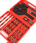 Solid Three Jaw Bearing Extractor Puller Kit With Controlled Screw Drive Removal Set Plus Heavy Duty Portable Case Keeps Tools Organized And Makes Fixing Inner Bearings A Total Game Changer For Pros Got Zero Sweat Ever Again. red case with three-jaw puller and screw adapters