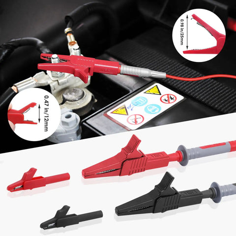 28 Piece Multimeter Test Leads Kit With Replaceable Gold Plated Probes, Alligator Clips, and Tool Bag in use on a circuit
