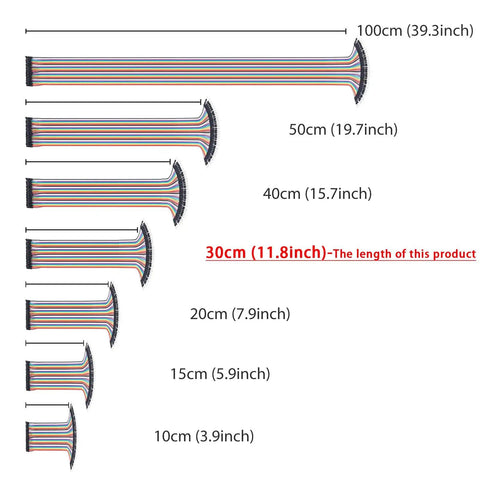 Image showing comparison of multicolor Dupont ribbon cables in various lengths highlighting the 30cm size in Jumper Wire Kit For Arduino DIY 30 Cm Long 120-Piece Multicolor Dupont Ribbon Cables Include 3 X 40-Pin Male To Male Jumpers Plus Two Male And Two Female Adapters For Prototyping.