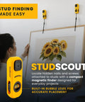 Magnetic Stud Finder With Built In Level And Marker Battery Free Powerful Detection For Fast Accurate Wall Stud Location Easy Mark Button For Quick Drilling And Layout No Batteries Needed Perfect For DIY Projects. Yellow magnetic stud finder on wall with framed art