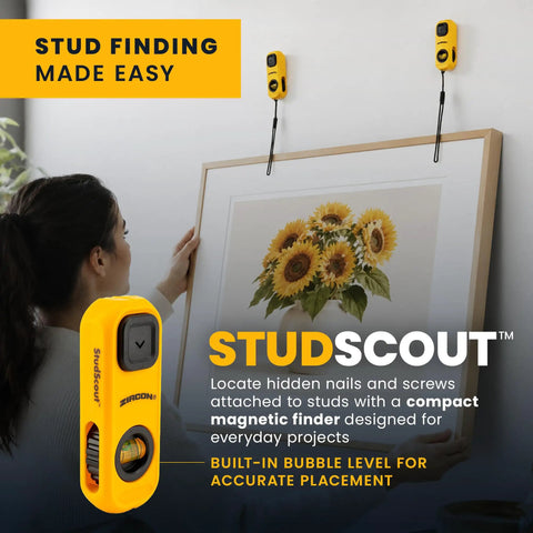 Magnetic Stud Finder With Built In Level And Marker Battery Free Powerful Detection For Fast Accurate Wall Stud Location Easy Mark Button For Quick Drilling And Layout No Batteries Needed Perfect For DIY Projects. Yellow magnetic stud finder on wall with framed art
