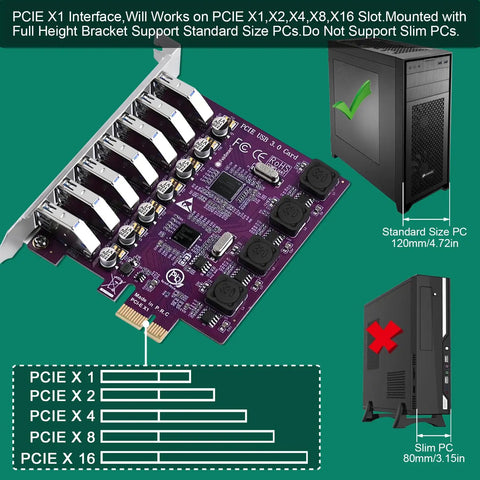 Seven USB Three Point Zero Ports PCIe X1 Expansion Card With Self Powered Technology Delivers Up To 5Gbps For Windows 11 10 8 7 Vista XP Desktop PCs No Extra Power Supply Required Plug And Play, full-height bracket