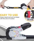 Hassle Free Self Retracting Ratchet Straps 12 Foot Automatic Quick Lock Cargo Tie Down Strap Set with easy button release.