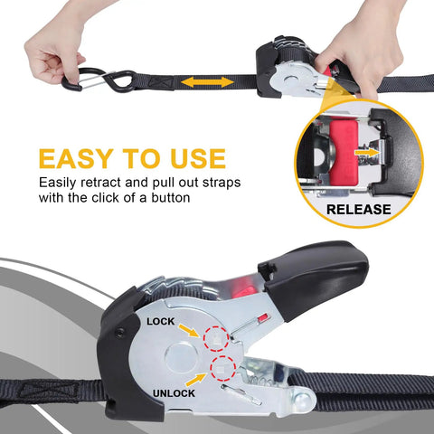 Hassle Free Self Retracting Ratchet Straps 12 Foot Automatic Quick Lock Cargo Tie Down Strap Set with easy button release.
