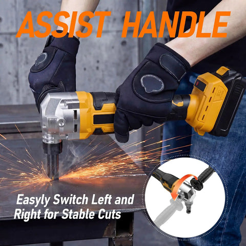 Person using Awesome Cordless Metal Nibbler Compatible With DeWalt 20V Battery, demonstrating assist handle for stable cuts.