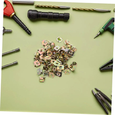 50 Pack Of Straight Up Solid Iron Captive Nut Fasteners With Top Shelf License Plate Screw Retainer Clips on a green background.