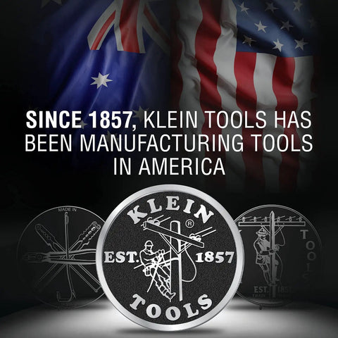 Klein Tools logo with the text 'Since 1857, Klein Tools has been manufacturing tools in America' with USA and Australia flags.