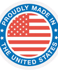 Proudly made in the United States circular sticker featuring the American flag design.