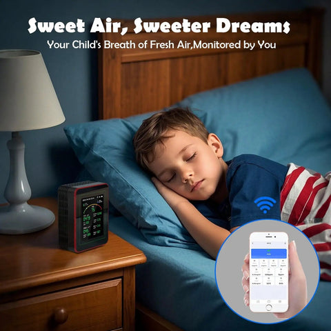 All In One Air Quality Monitor With Smartphone App Dual Chip Detects CO2 PM25 HCHO TVOC And PM10 on bedside