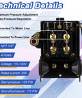 Air Compressor Pressure Switch 135 To 175 PSI 4 Port 20 Amp with technical details and wiring connections