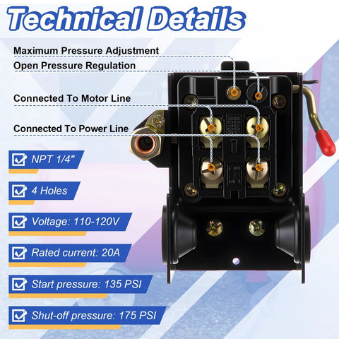 Air Compressor Pressure Switch 135 To 175 PSI 4 Port 20 Amp with technical details and wiring connections