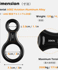 Lightweight 35kN Aluminum Figure 8 Descender with dimensions, material listed as 6082 aviation aluminum alloy, weight 120g.