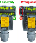 Diagram showing right and wrong assembly of Pet Hair Be Gone Vacuum Attachment Cleaning Tool for Couch Cushions, Upholstery, Carpets, and Car Mats, Air Driven Turbo Brush With 1 1/4 Inch and 1 3/8 Inch Adapters, Compatible With Dyson, Shark, Kenmore, Miele.