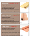 Comparison of Brass Mesh, Phosphor Copper Mesh, and Copper Mesh with specifications and uses displayed.