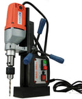 Real Deal Heavy Duty Magnetic Drill Press With Roto Broach Function For Steel Fabrication, close-up view of controls and drill bit.