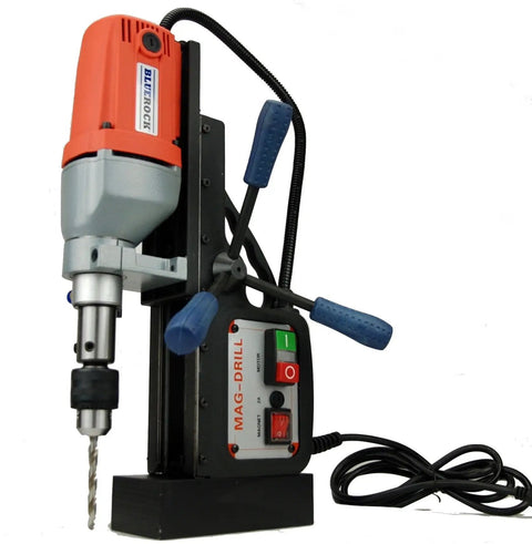 Real Deal Heavy Duty Magnetic Drill Press With Roto Broach Function For Steel Fabrication, close-up view of controls and drill bit.