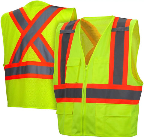 No Sweat All Day Grind Gear For Job Sites And Highway Crews Large Size High Viz Lime Safety Vest with reflective tape.