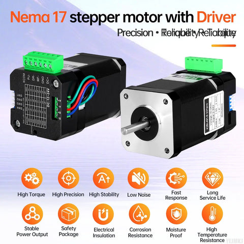 High Torque Nema 17 Stepper Motor With Integrated Driver for 3D Printer CNC Machine DIY Robots, front and side view