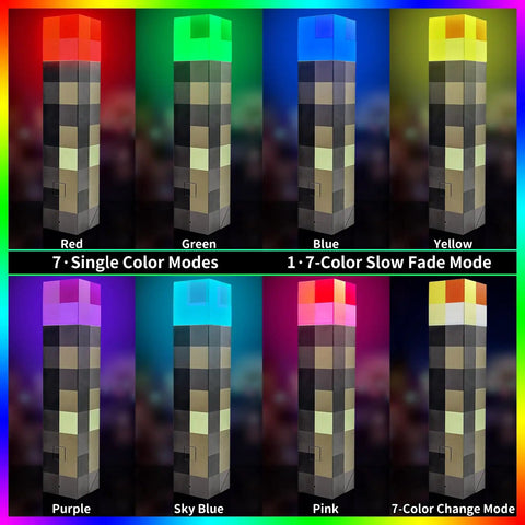 Glow Torch Wall Lamp With 7 Color Night Light showcasing red, green, blue, yellow, purple, sky blue, and pink modes.