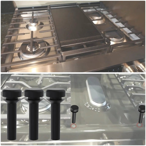 Gas Stove Grate Bumpers Rubber Feet Replacement For Cooktop Burners shown on a stainless steel burner setup, close-up of product.