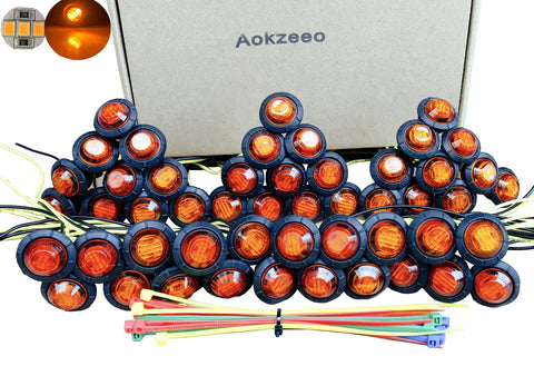 50 Pcs Three Quarter Inch Amber LED Marker Lights Kit, with round amber side marker and clearance lamps next to box