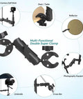 Double Clamp Umbrella Camera Pole With 360 Degree Ball Head and Magic Socket Arm showcasing multiple uses and attachments.