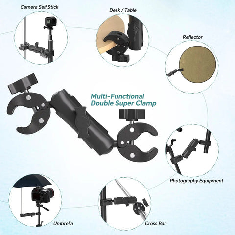 Double Clamp Umbrella Camera Pole With 360 Degree Ball Head and Magic Socket Arm showcasing multiple uses and attachments.