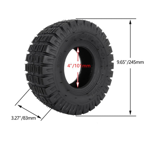 3.00-4 Tires With Inner Tubes For Off Road Go Karts ATVs Scooters E300 E325 4 Wheeler Vehicles Utility Dolly Hand Trucks Tire Tubes TR87 Bent Angled Valve Stem 2 Sets Durable Heavy Duty Grip displayed with dimensions.